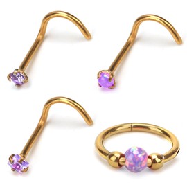 Mikovivi 4pcs Stainless Steel Nose Rings, L Shaped Nose Studs Steel Hinged Clicker Segment Rings Hoop for Nostril Septum Cartilage Helix Rook Earlobe Lip Piercings(Purple)