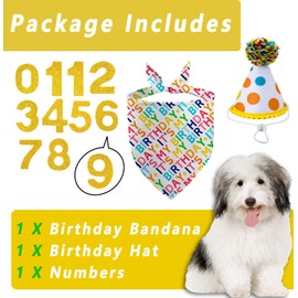Dog Birthday Bandana Set, It's My Birthday Dog Scarfs, Pet HBD Party Decor Supplies with Colorful Polka Dots Hat Numbers Kerchief for Boy and Girl (Multicolor)
