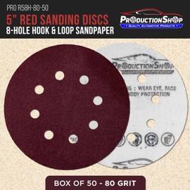 ProductionShop Premium 5" Red 8-Hole Pattern 80 Grit Sanding Discs, Box of 50 - Dustless Hook & Loop Backing Sandpaper for Random Orbital Sanders, Medium-Coarse-Cut Abrasive - Woodworking, Auto Paint
