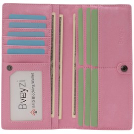 Bveyzi Ultra Slim Thin RFID Blocking Credit Card Holder Bifold Clutch Wallets for Women (Vegan Pink)