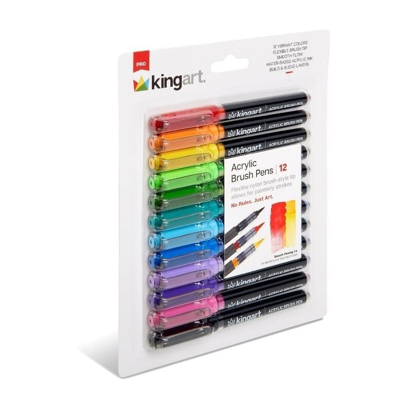 KINGART Acrylic Paint Markers Brush Tip, 12 Vibrant Colors. Water-based,