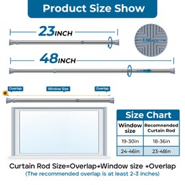 AIZESI Tension Rod 23 to 48 Inch, 1Pcs Silver Tension Rod Tension Curtain Rod, Spring Tension Rod No Drilling Adjustable Curtain Rod for window，kitchen，closet，doorway