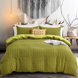 Olive Green Seersucker Bedding Set Puckering Duvet Cover Set Soft Microfibre Seersucker Duvet Cover Double Size 200×200cm