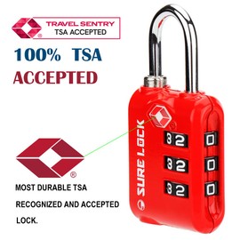 SURE LOCK TSA Approved 3 Digit Luggage Locks with Zinc Alloy Body and Hardened Steel Shackle to Lock Travel Suitcase (RED 2 Pack)