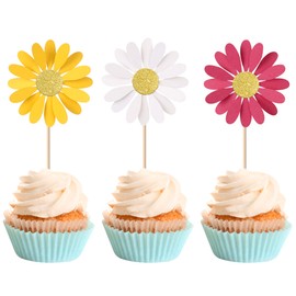 Cupcake-Aufsätze mit Gänseblümchen-Motiv, glitzernd, bunt, Wildblumen, Geburtstagskuchendekorationen, Chrysanthemen-Kuchenspieße für Frühling, Gänseblümchen, Babyparty, Geburtstag, Hochzeit
