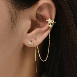 Andelaisi Boho Crystal Northstar Ear Cuff Earrings Gold Northstar Cartilage Earring Vintage Cz Star Chain Crawler Climber Earrings Sparkly Cz Star Chain Drop Earring Jewelry for Women