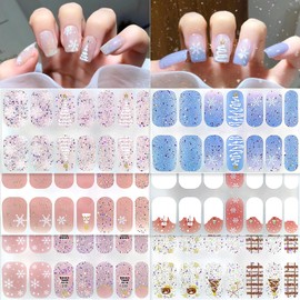 6 Sheets Christmas Gel Nail Stickers Xmas Tree Gel Nail Polish Strips Nail Wraps Stickers DIY Self-Adhesive Nail Art Decals Full Wraps with Snowman Snowflake Designs Gel Nail Strips Decals for Women