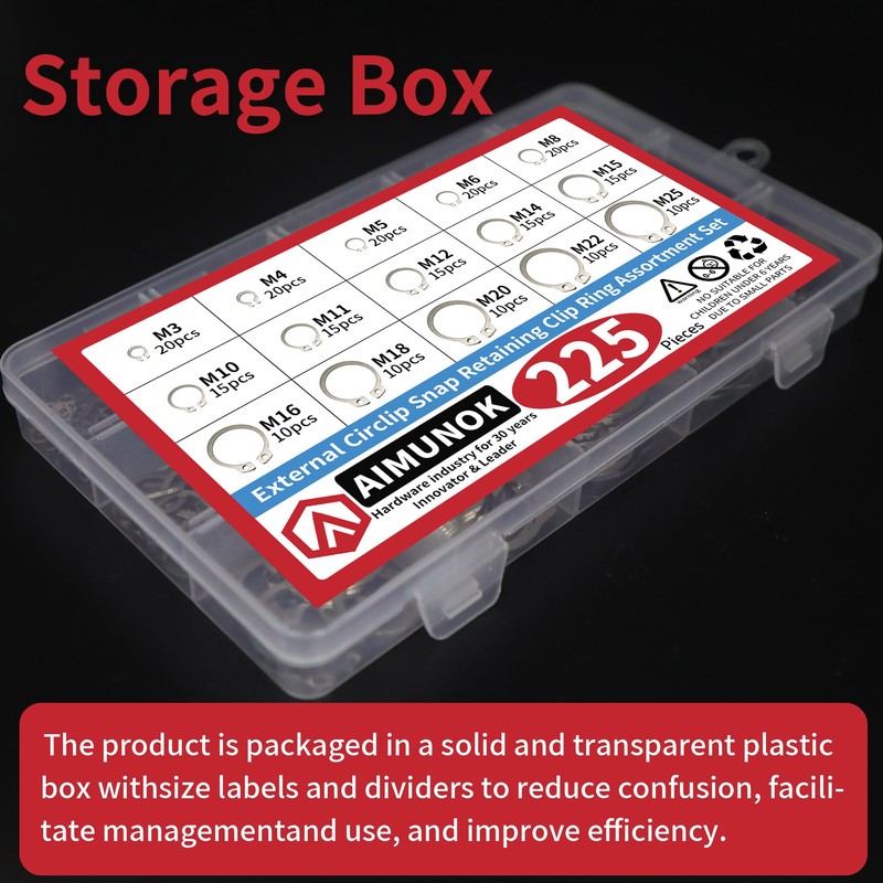 225Pcs External Retaining Rings Snap Rings Assortment Kit, 304 Stainless