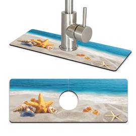 WIRESTER Super Absorbent, Fast Drying Kitchen Sink Splash Guard Faucet Mat, Sink Mat Behind Faucet Drip Catcher, Sink Gadget for Kitchen, Bathroom (15 x 5.5 Inch) - Seashells On The Beach