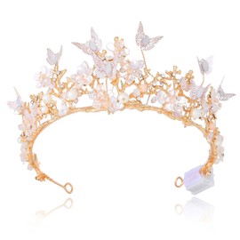 YBSHIN Light Up Gold Butterfly Crowns and Tiaras, Flower Bridal Wedding Accessories, Rave Prom Costume Headpiece for Women (Blue)