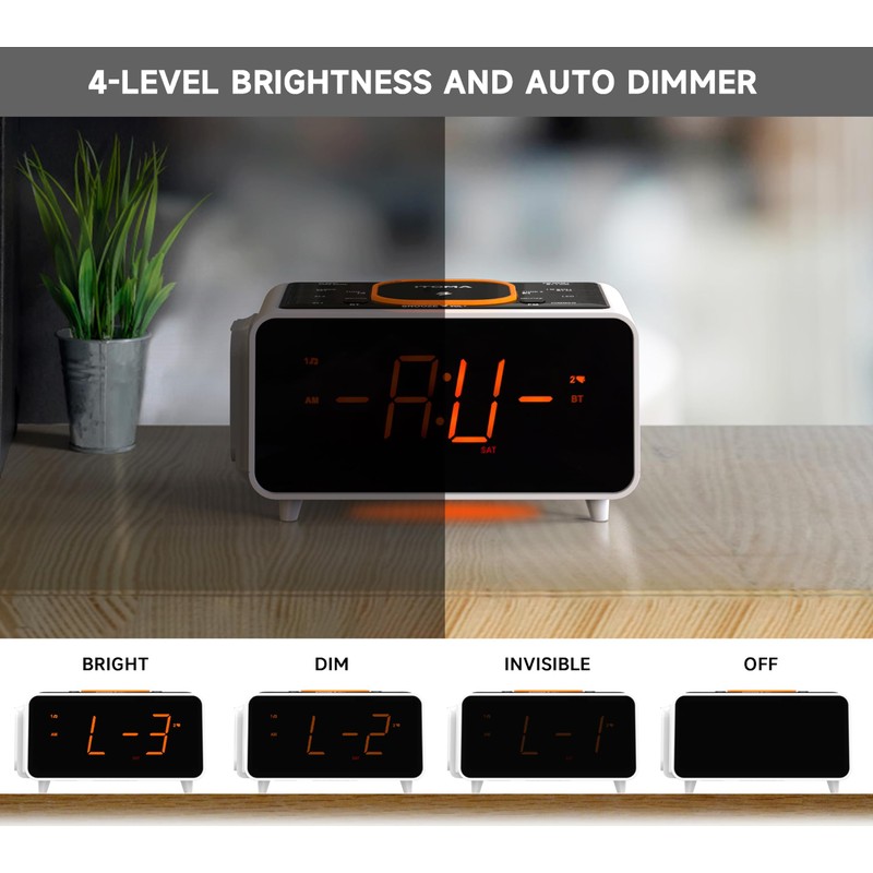 Dual Wireless Charging Alarm Clock Radio with Bluetooth Speaker, FM