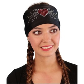 Sparkling EARTH Red Heart & Swirls Rhinestud Design Stretch Reversible Headband Spandex outside, 100% Cotton Baby Rib Soft Knit inside.