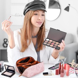 Fi Iya·as Makeup Bag Large Capacity Floral Travel Cosmetic Bags for Women Portable PU Leather Water Resistant Makeup Organizer Bags with Divider and Handle (Purple)