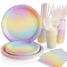 Gudvilla 192Pcs Purple Pastel Birthday Decorations Pastel Plates and Napkins Party Supplies Pastel Rainbow Party Plates, Pink Purple Birthday Plates for Iridescent Colorful Easter Party, Serves 24