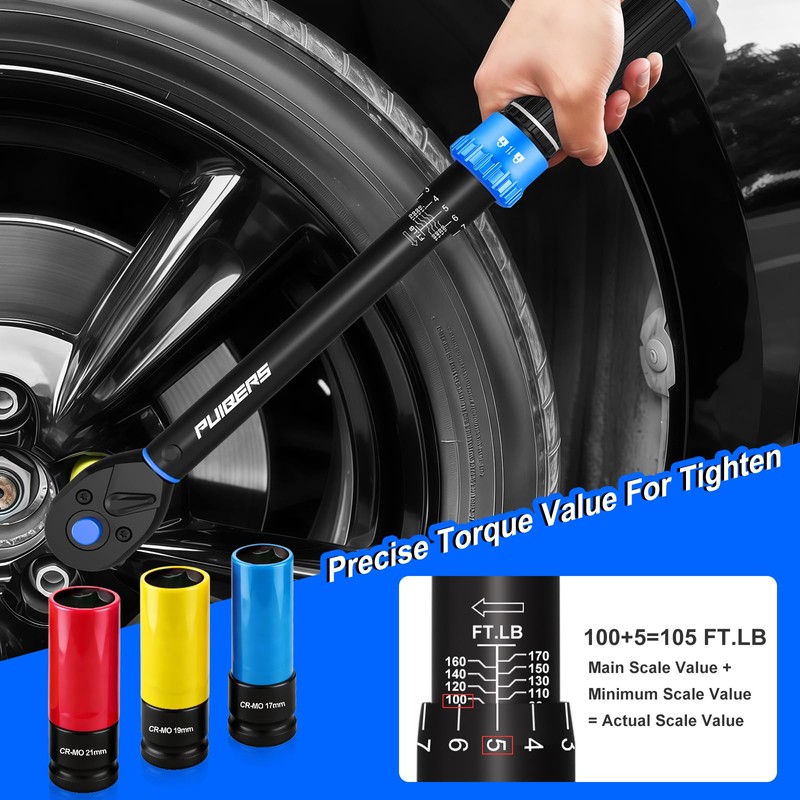 PUIBERS 10-170FT 1/2'' Torque Wrench Socket Set, 17mm 19mm 21mm