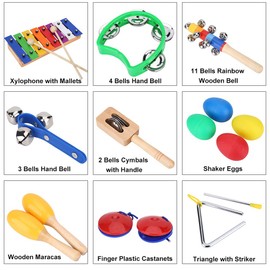 VGEBY 17pcs Juego Instrumentos Musicales de Percusión para Niños Juguetes de Xilófono Juguetes Educativos Juego de Banda Rítmica con Bolsa de Almacenamiento Instrumentos Musicales para Niños