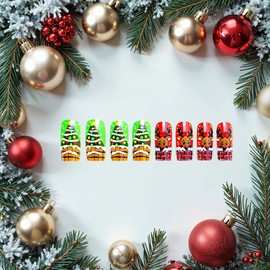 24 Pcs Christmas Press On Medium Square Fake Glossy Acrylic Nails With Winter Designs - Santa Claus, Snowflake, Elk, Xmas Tree, Full Cover Stick On Nails (Red, Green)