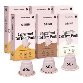 Grind Flavoured Variety Blend Pack - Home Compostable Coffee Pods from London - Capsules Compatible with Nespresso® Original Machines - 60 count (6 boxes of 10 Coffee Pods)
