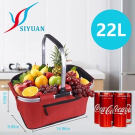 Picnic Basket, SIYUAN Shopping Basket with Handle 22L Collapsible Grocery Basket Portable Folding Bag for Marketing Picnic, Ruby Red