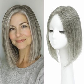 Hair Toppers for Women Human Hair Topper Add More Volume and Cover Hairloss Swiss Base Hairpieces (12inch, Mixed Grey）