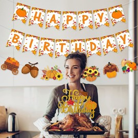 Autumn Birthday Party Decorations,Pumpkin Maple Sunflower Turkey Harvest Farm party supplies Favors,Fall Happy Birthday Banner,Thanksgiving Party Banner,Autumn Party Cake Topper