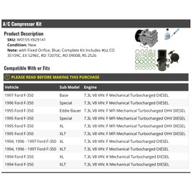 Marketplace Auto Parts A/C Compressor Kit - Compatible with 1994-1997 Ford F-350 7.3L V8 Turbo Diesel (with Fixed Orifice, Blue)