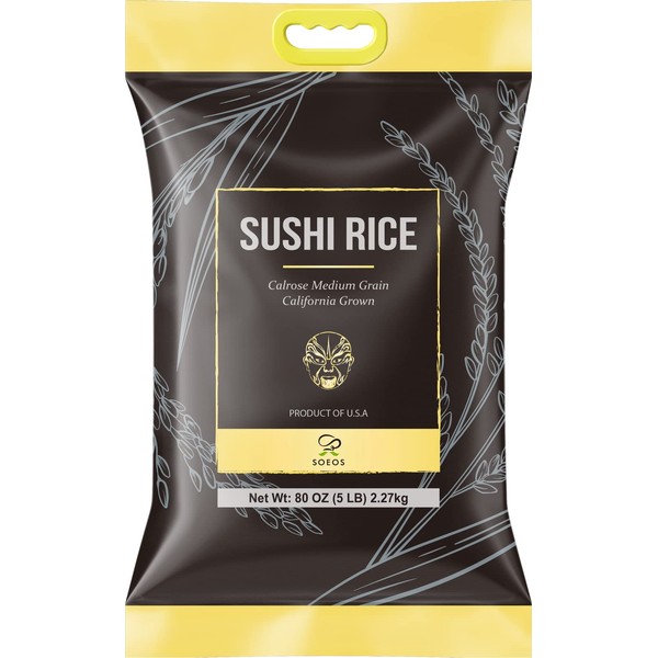 Soeos Premium Sushi Rice, Calrose Rice, Medium Grain, White Sticky Rice, 5 Pound