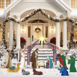 Shellwei 14pcs Large Christmas Outdoor Nativity Scene Set Multicolor Weatherproof Holy Family Outdoor Decorations Nativity Set Lawn Signs for Christmas Holiday Yard Home Decorations