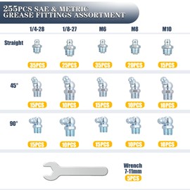 255PCS Grease Fittings Assortment, SAE & Metric 1/4" 1/8" M6 M8 M10 Straight 45 90 Degree Grease Gun Zerk Fittings Kit with Wrench Kit(7-11mm)