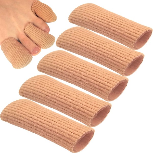 Chiroplax Toe Caps Sleeves Cushions Protectors Tubes Fabric & Gel Lining Finger Toe Separator for Bunion, Hammer Toe, Callus, Corn, Blister (Medium, 5 Pack)
