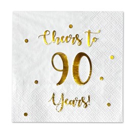 Servilletas de cóctel Cheers to 90 Years | Decoraciones de feliz cumpleaños 90 para hombres y mujeres y decoraciones de fiesta de aniversario de boda, paquete de 50 servilletas de 3 capas, plegadas de