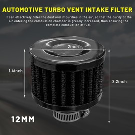 Suvnie 12mm Mini Air Filter, Universal Motor Cold Air Intake Filter Breather, Auto Turbo Vent Intake Filter Cleaner, Crankcase Breather Car Accessories for Motorcycle Engine Parts (Black)