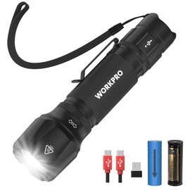 WORKPRO 1200LM Tactical Flashlight, Rechargeable EDC Mini Flashlight, Pocket Flashlight with Clip & Lanyard, 7 Light Modes, Zoomable Adjustable Focus, Includes Lithium Battery & Alkaline Battery