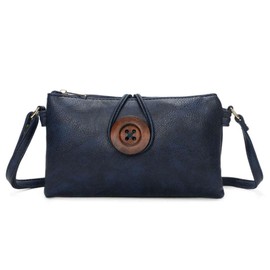 Womens Wallet Bag Big Button Double Compartment PU Leather Handbag Shoulder Crossbody Bag - Navy