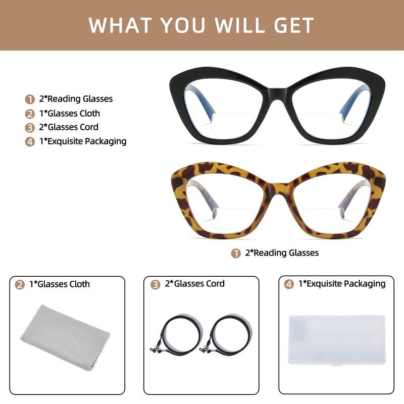 Bifocal Reading Glasses for Women Designer Cat Eye Oversized Frame