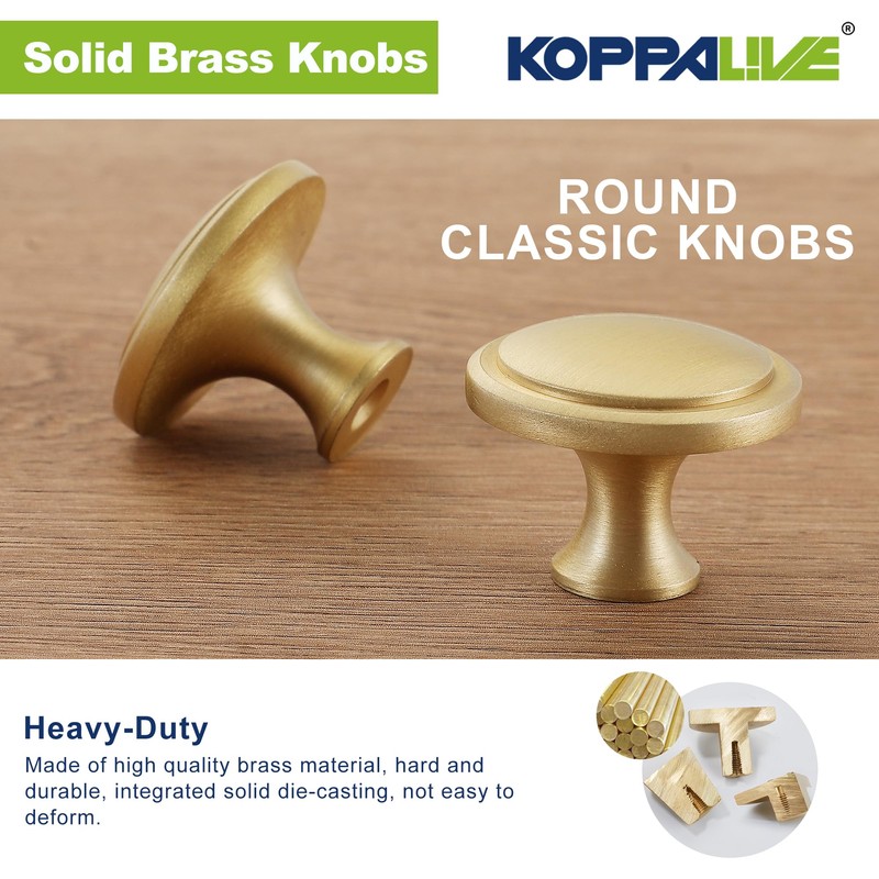 KOPPALIVE 5-Pack Solid Brass Cabinet Knobs, Round Gold Knobs for