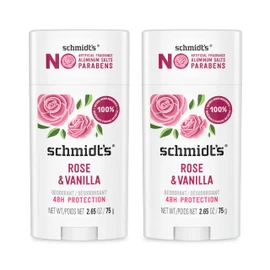 Schmidt's Aluminum-Free Vegan Deodorant Rose & Vanilla with 24 Hour Odor Protection 2 Count for Women and Men, Natural Ingredients, Cruelty-Free, 2.65 oz