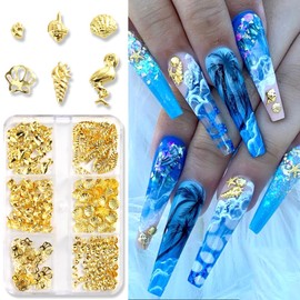 3D Mixed Shapes Nail Art Studs Nail Charms, Gold Ocean Theme Shell Conch Alloy Nail Rivets Jewelry for Women Summer Beach Nail Art Designs DIY Crafts Manicure Decorations