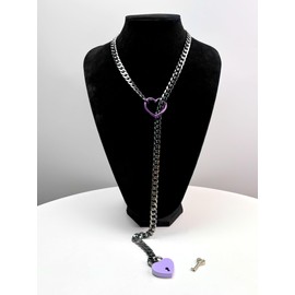 paloli Womens Slip Chain Necklace Heart O-Ring, Punk Rock Cuban Long Necklace Jewelry For Women, Adjustable Lariat Y-Necklace Heart Locker With Key (Black-Purple, 32'')