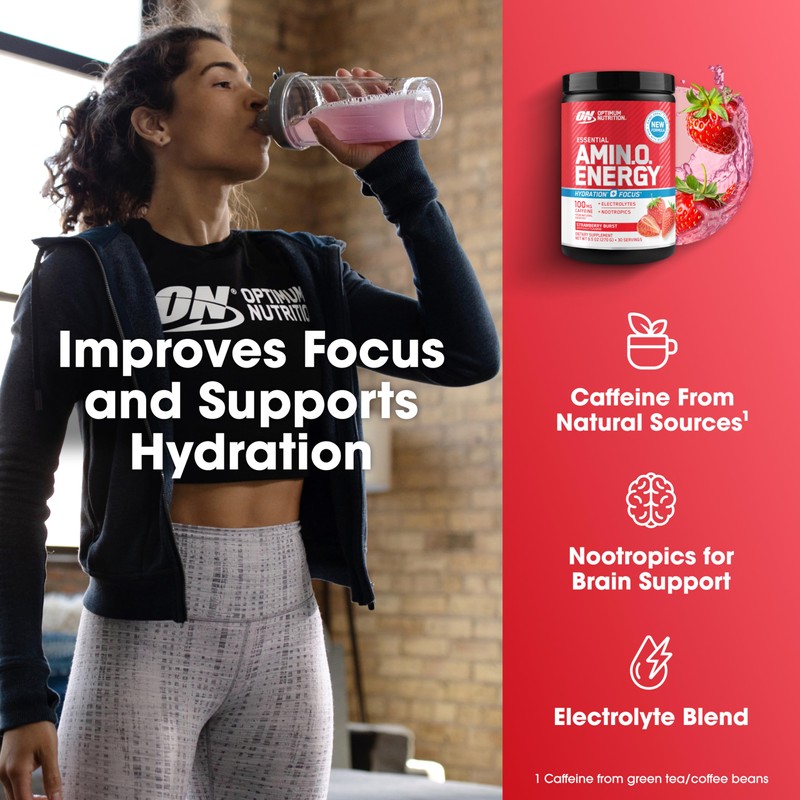 Optimum Nutrition Amino Energy Powder Plus Focus, with BCAA, Electrolytes,