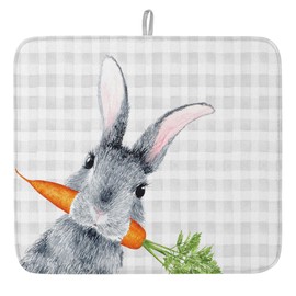 Easter Dish Drying Mat for Kitchen Counter Bunny Carrot Drying Pad Absorbent Drying Mats for Countertops Sinks Draining Racks Rabbit Grey Buffalo Plaid Reversible Drainer Spring Holiday Decor 18x24