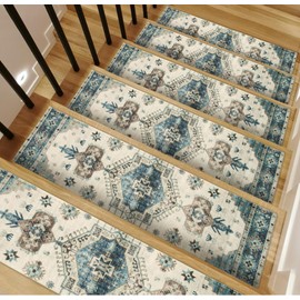 Stair Treads Non Slip Indoor: Washable Staircase Carpet Removable Wooden Step Covers Self Adhesive Peel and Stick Stair Runner for Kids Elders Dogs 30"x8" 15pcs Boho