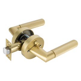 Bak Bo Interior Privacy Door Handle with Lock, Indoor Knurled Heavy Duty Gold Door Lever Satin Brass Finish, Reversible Keyless Left Right Handed Round Turn Lockset for Bedroom & Bathroom 1 Pack