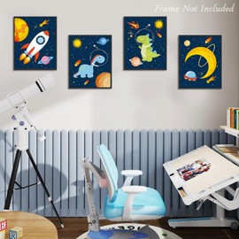 Dazzlewall 4 x Dinosaur Outer Space Wall Pictures, Cartoon Rocket Planet Pictures for Children's Room, Toddler, Boys, Room Decor, 20 x 25 cm, Unframed