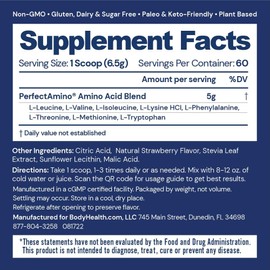 BodyHealth BodyHealth PerfectAmino Powder - BCAA and EAA Powder for Pre and Post Workout - Amino Acid Energy Drink for Men and Women to Support Lean Muscle and Recovery - Strawberry - 60 Servings