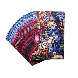 SHADE TREE GREETINGS Christmas Boxed Greeting Card Multi-Pack Set (4x6) by Fravessi | 16 Cards + 17 Envelopes | Stained Glass Nativity Design | Blue, Purple