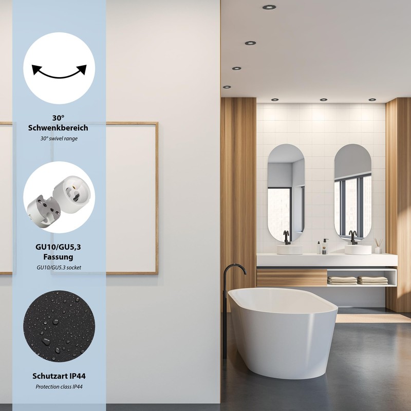 ledscom.de Recessed Bathroom Ceiling Light ERID, Damp-Proof, Bathroom, IP44, Round,