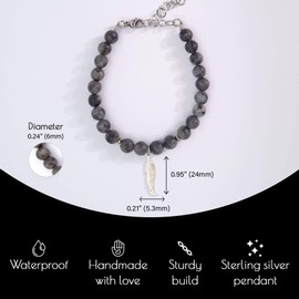Rappel Sterling Silver Feather Pendant on Gray Labradorite Beads Men Bracelet