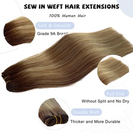 Sew in Hair Extensions Real Human Hair Weft Extensions 14 Inch Ombre Brown Balayage Ash Blonde Highlights Hand Tied Weft Hair Extensions Real Human Hair Weave Extensions 80G Remy Human Hair Weaves