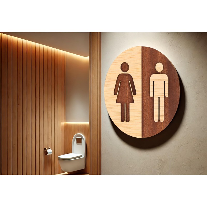 Becral - Bathroom Sign Unisex Natural Wood - 12 cm